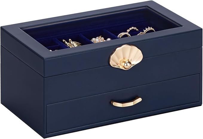 Jewelry Box with 1 Drawers: Display Organizer for Earrings Necklaces - Gifts for Girls Women (Dark Blue)