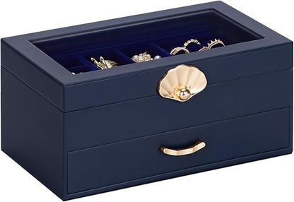Jewelry Box with 1 Drawers: Display Organizer for Earrings Necklaces - Gifts for Girls Women (Dark Blue)