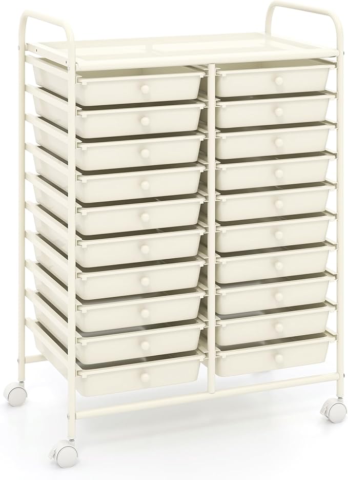GOFLAME 20-Drawer Rolling Storage Cart, Multifunctional Art Craft Organizer, Mobile Utility Storage with Removable Drawers & Lockable Wheels, Craft Cart for Home Office, White