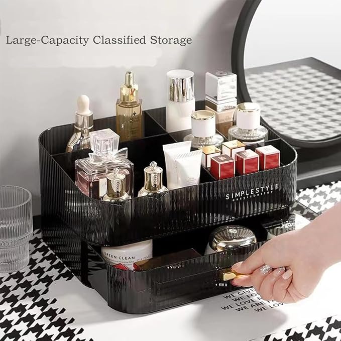 Makeup Organizer with Stackable Drawers, Bathroom Vanity Organizers and Storage, Ideal for Desk and Dresser Countertops, Great for Cosmetics, skincare, Lipsticks, Nail Care -Black
