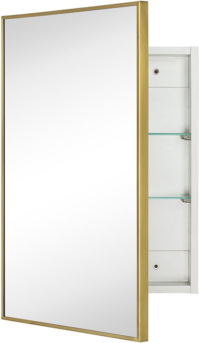 TEHOME 16.5'' x 24'' Brushed Gold Recessed and Surface Mount Bathroom Medicine Cabinet with Mirror Brushed Gold Square Cornered Metal Framed Rounded Rectangle Medicine Cabinet Mirror