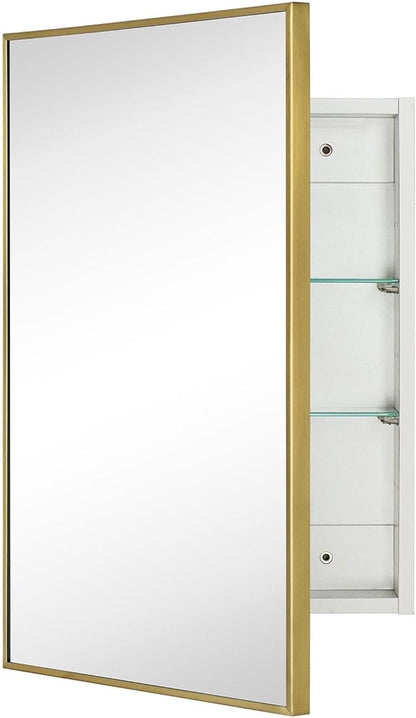TEHOME 16.5'' x 24'' Brushed Gold Recessed and Surface Mount Bathroom Medicine Cabinet with Mirror Brushed Gold Square Cornered Metal Framed Rounded Rectangle Medicine Cabinet Mirror
