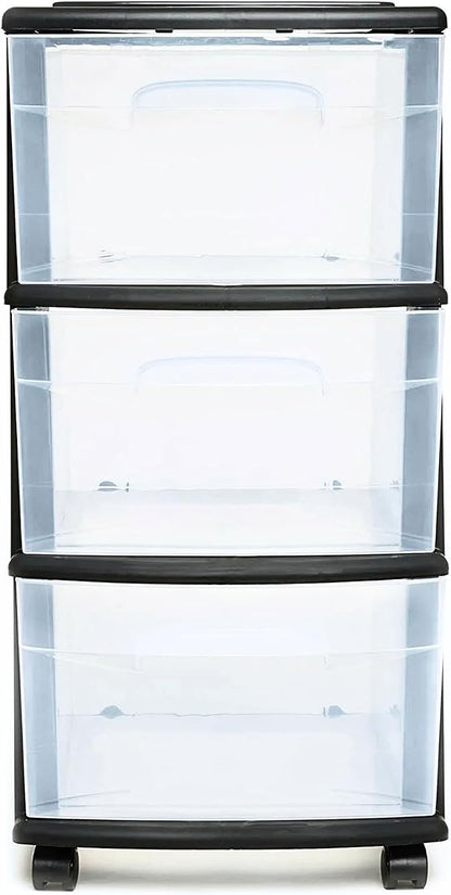 HOMZ 3-Drawer Storage Cart, Plastic Home and Office Organizer, Black Frame