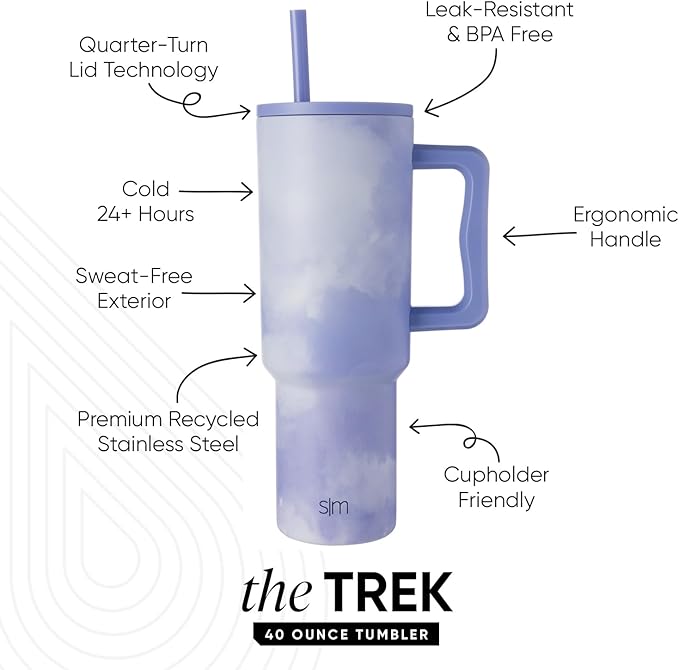 Simple Modern 40 oz Trek Tumbler with Handle and Straw Lid | Cup Holder Friendly Insulated Stainless Steel Travel Mug | Whimsical Tie Dye
