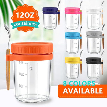 Overnight Oats Container - Yogurt Oatmeal Glass Canning with Lids and Spoon, 10 oz Cereals, Milk, Fruit Salad, with Measurement Marks (grey)