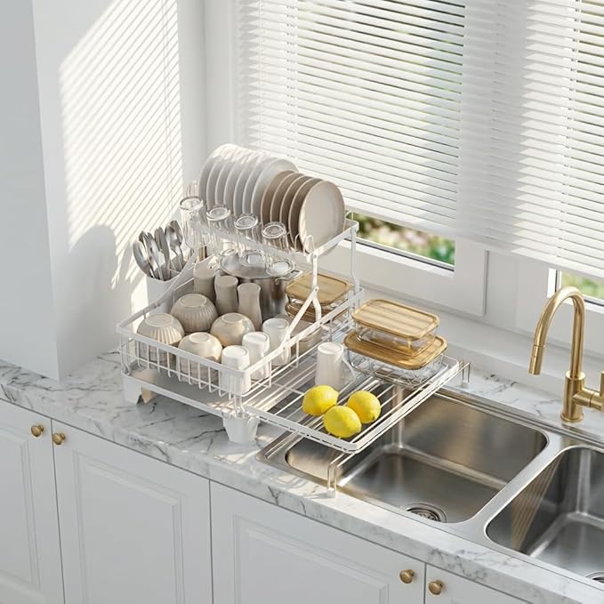 GSlife Large Dish Drying Rack 2 Tier, Expandable Kitchen Dish Drainer for Pots and Pans, 360° Swivel Spout, Rust-Resistant Metal Dish Rack with Utensil & Cup Holder, 16.9" W x 14.4"-22.4" L, White