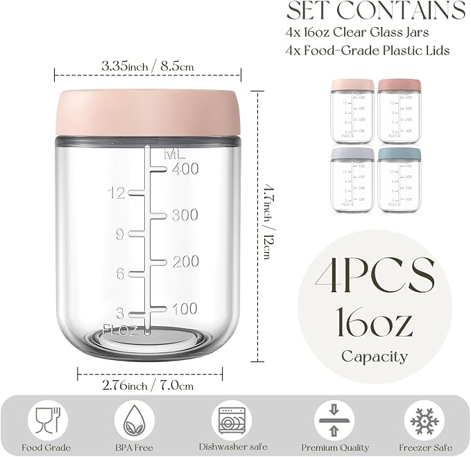 KEMORELA 4-Pack 16oz Overnight Oats Containers with Lids, Wide Mouth Glass Mason Jars with Airtight Lids, Reusable Glass Food Storage Containers for Yogurt, Chia Pudding, Salad, and Pickles
