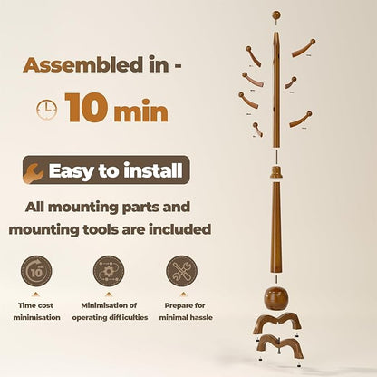 Wood Coat Rack Freestanding, Solid Wooden Hall Tree with 8 Hooks, Coat Tree Freestanding Heavy Duty with Stable Base, Entryway Hallway Bedroom Office Use, 240lbs Load Capacity H:71.6in (Natural)