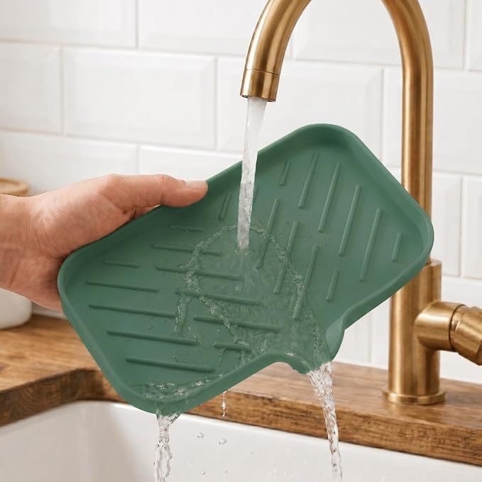 MicoYang Silicone Soap Dish with Drain Spout — Self-Draining Sink Organizer Tray for Bathroom & Kitchen, Sponges, Dispensers & Soap Holder, Non-Slip & Dishwasher Safe, Green (Medium, 9.6"×5.3")