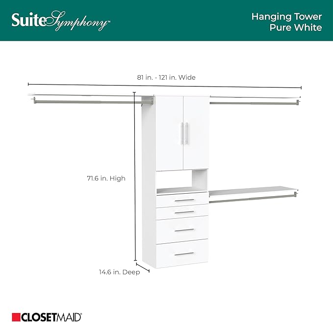 ClosetMaid SuiteSymphony Modern Hanging Closet Kit Includes (1) Tower, (3) Closet Rods, (4) Shelves, (3) Top Shelves w/Brackets, (4) Drawers and (1) Closet Door Set, White
