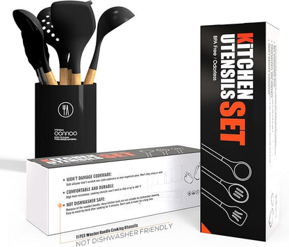 oannao Silicone Cooking Utensils Set - 446°F Heat Resistant Silicone Kitchen Utensils for Cooking,Kitchen Utensil Spatula Set w Wooden Handles, BPA FREE Gadgets for Non-Stick Cookware (Black)