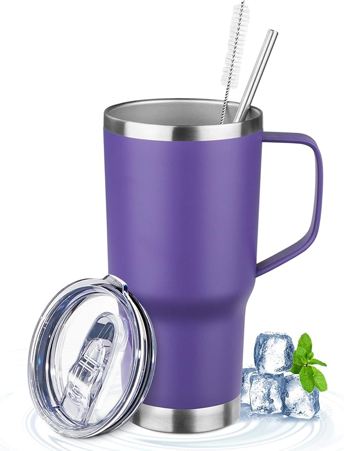 20oz Insulated Tumbler with Handle Stainless Steel Travel Coffee Mug with Lid and Straw Double Wall Vacuum Leak-proof Reusable Thermal Water Cup for Hot and Cold Drinks (Purple,1 Pack)