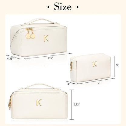 Valentine's Day Gifts for Women Teen Girl, Personalized Initial Makeup Organizer Bag Set, Open Flat Travel Cosmetic Bag With Clear Divider and Handle(Beige,K)