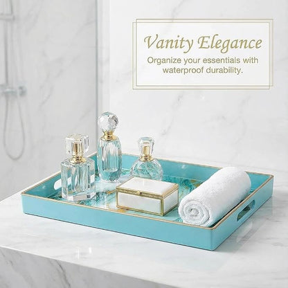 Decorative Tray, Marbling Plastic Tray with Handles, Rectangular Vanity Tray and Serving Tray for Bathroom, Kitchen, Ottoman and Coffee Table, 15.6" x 10.2" (Golden Blue)
