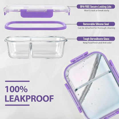 AMALEKO 42pcs Glass Food Storage Containers with Lids Set, 21 Containers & 21 Lids Glass Meal Prep Containers with Snap Locking Lid Set, Leak Proof Lunch Container BPA-Free,Purple