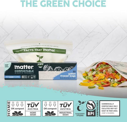 Matter Compostable Gallon Freezer Bags for Food Storage, Eco-Friendly, Resealable, Food Storage Bags, 30 Count