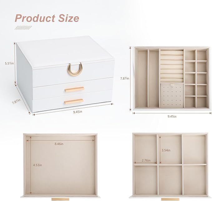 Elegant Jewelry Storage Box with Mirror 3-Tier Design with Smooth-Gliding Drawers Jewelry Organizer Perfect Christmas Birthday Gift for Wife Mom Women White