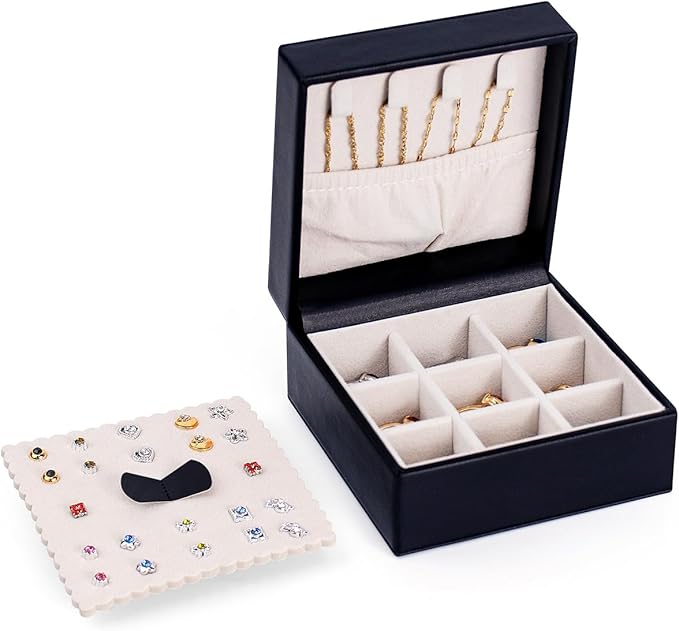 SANQIANWAN Small Travel Jewelry Box Square Jewelry Case Mini Ring Holder for Women Small Storage Box for Necklace with Earring Plates 9 Grids for Rings (Black)