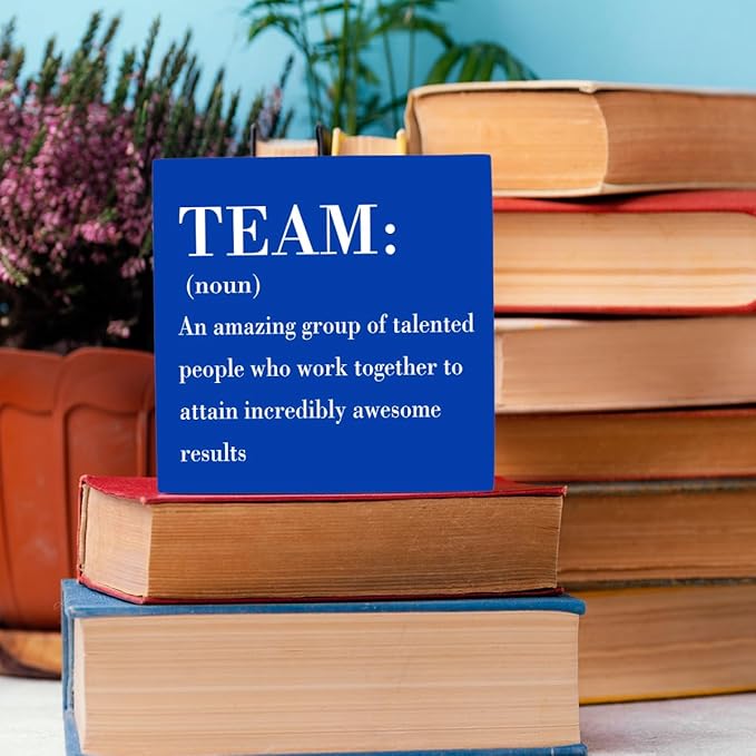 HTBIG Rustic Wooden Team Noun Office Decor Desk Sign, Blue