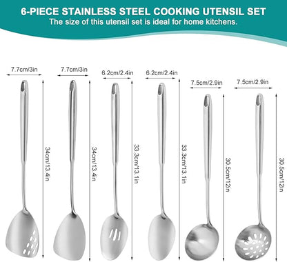 6Pcs Stainless Steel Kitchen Utensils Set – Cooking Utensils Set Stainless Steel, Metal Cooking Utensils with Wok Spatula, Serving Spoons,Ladle Set– Durable Cooking Supplies for Home and Camping