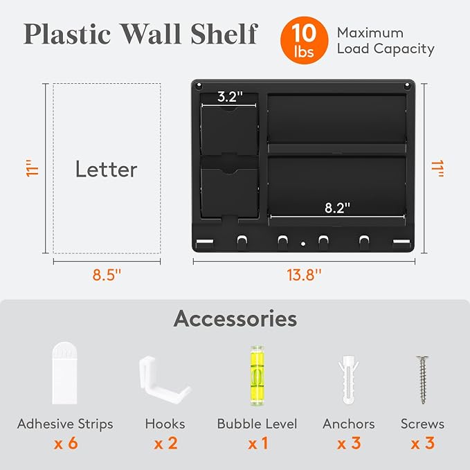 Lifewit Plastic Bedside Shelf, Adhesive Floating Shelves, Key Remote Control Holder, Wall Organizer for Glasses, Phone, Earbuds, Bedroom Decor, Dorm Room Essentials, Black
