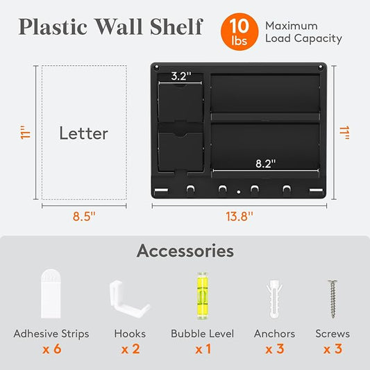 Lifewit Plastic Bedside Shelf, Adhesive Floating Shelves, Key Remote Control Holder, Wall Organizer for Glasses, Phone, Earbuds, Bedroom Decor, Dorm Room Essentials, Black