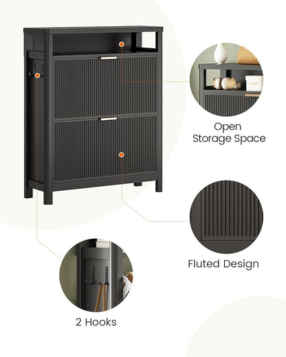 AOGLLATI Shoe Cabinet Storage,Narrow Fluted Shoe Rack Cabinet with 2 Flip Drawers, Wooden Freestanding Organizer with Open Storage Space for Entryway,Black