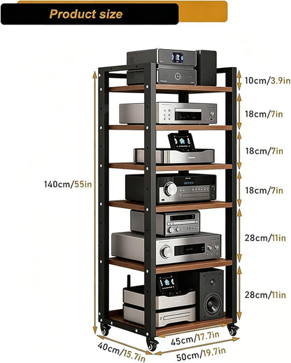6 Tier AV Media Stand, 55in Audio Rack Tower Stereo Components Cabinet, Home Theatre CD Record Player Stereo Receiver Equipment Rack with Adjustable Wood Shelves, Load 400lbs (Walnut Brown)