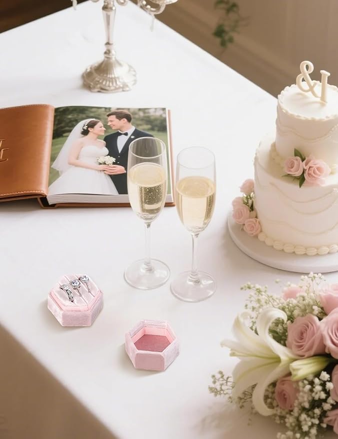 Velvet 3 Slots Jewelry Ring Box Engagement Wedding Box Keepsake Box Bridal Photo Ring Triple Slots Hexagon