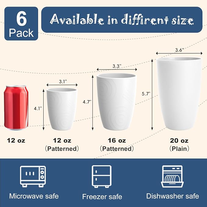 Wheat Straw Unbreakable Drinking Cups, 12 OZ Tumbler Set of 6, Lightweight Reusable Cups, Reusable Cups Alternative to Plastic, Dishwasher Safe Tumbler for Kitchen, Camping, RV, White