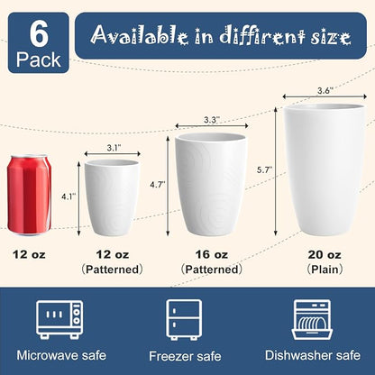 Wheat Straw Unbreakable Drinking Cups, 12 OZ Tumbler Set of 6, Lightweight Reusable Cups, Reusable Cups Alternative to Plastic, Dishwasher Safe Tumbler for Kitchen, Camping, RV, White