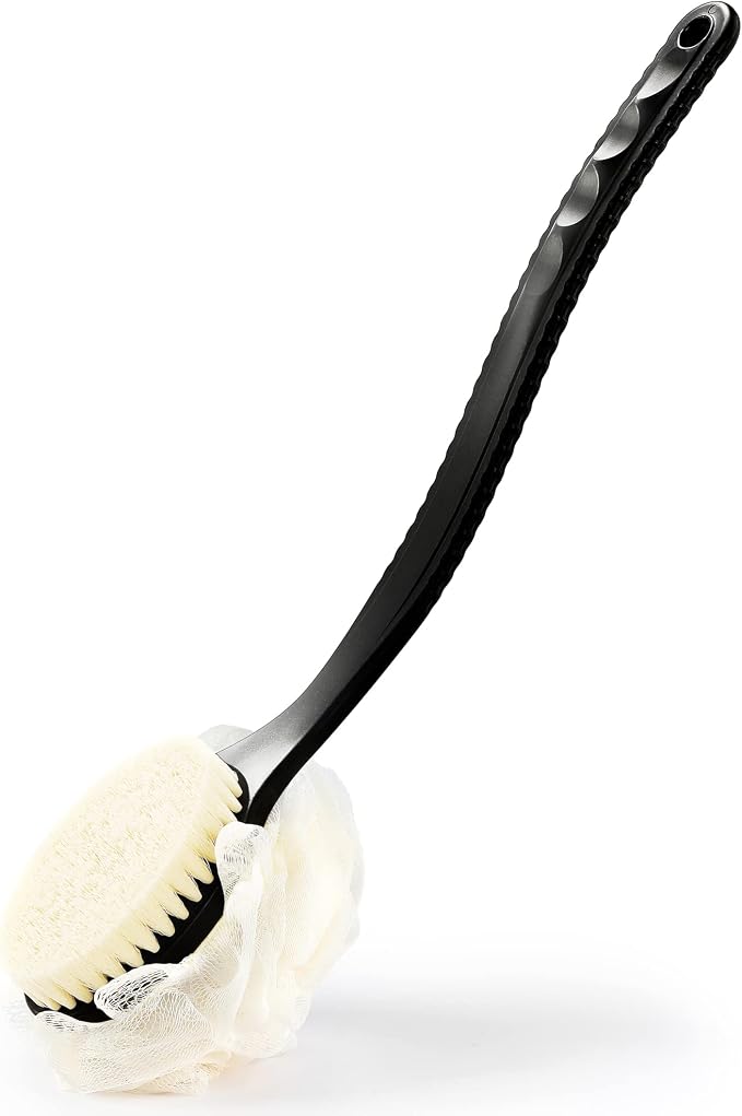 Shower Body Brush with Bristles and Loofah,Back Scrubber Bath Mesh Sponge with Curved Long Handle for Skin Exfoliating Bath, Massage Bristles Suitable for Wet or Dry, Men and Women (Black)