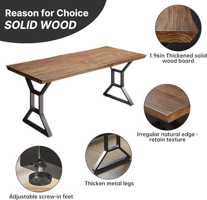 55-Inch Modern Solid Wood Desk with Thickened Metal Frame - Large Long Study Writing Table for Home Office, Adjustable Screw-in feet