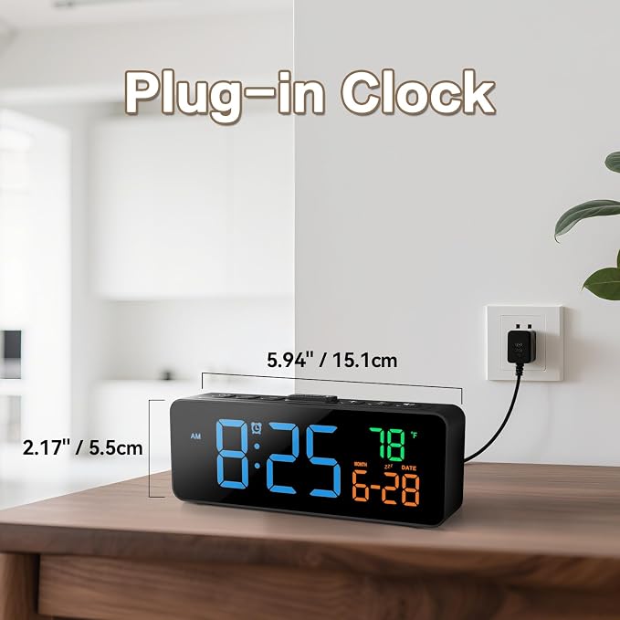 Netzu 3-in-1 Digital Clocks for Living Room with Temperature, Date & Time Display - 4 Levels Birghtness, 3 Volumes, Small & Compact Plug-in Alarm Clock for Bedroom, Office (Blue)
