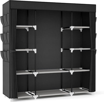VTRIN Portable Closet Wardrobe for Hanging Clothes 57.3 Inch Large Capacity Clothes Rack with Cover, 10 Storage Organizer Shelves, 1 Hanging Rods and 6 Pockets, Free Standing Closet for Bedroom, Black