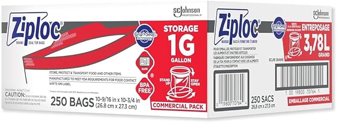SC Johnson Professional Ziploc Storage Bags with New Grip 'n Seal Technology, For Food Organization and Storage, Double Zipper, Gallon, 250 Count