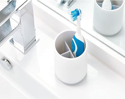 iDesign Toothbrush Holder for Normal Toothbrushes, Spin Brushes, and Toothpaste, The Cade Collection - 3" x 3" x 4. 5", White/Gray