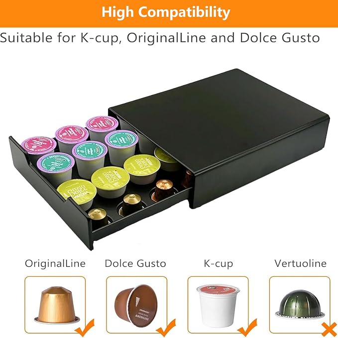 K-Cup Coffee Pods Holder, Coffee Pod Storage Drawer for Nespresso Capsules, k cup and Dolce Gusto, Organizer 20 Pod Capacity, Black