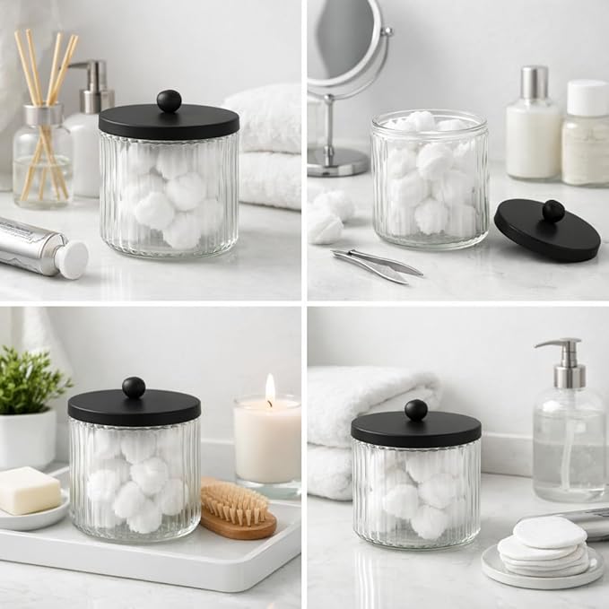 KMwares 2-Pack Glass Qtip Holder Dispenser Set - Bathroom Canister Storage Organizer for Cotton Balls, Swabs, Floss Picks, and Makeup Sponges with Matte Black Metal Lid - Clear Vanity Apothecary Jars