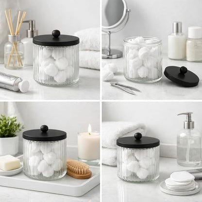 KMwares 2-Pack Glass Qtip Holder Dispenser Set - Bathroom Canister Storage Organizer for Cotton Balls, Swabs, Floss Picks, and Makeup Sponges with Matte Black Metal Lid - Clear Vanity Apothecary Jars