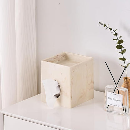 Beige Natural Marble Stone Textures Square Tissue Box Cover with Storage Tray, 2-in-1 Tissue Holder Decorative Organizer for Bathroom, Vanity, Kitchen Countertop, Bedroom Night Stands, Office Desk Top