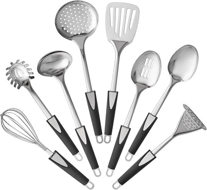 Stainless Steel Kitchen Utensil Set-8 PCS Stainless Steel Kitchen Utensil Set, Nonstick Kitchen Gadgets Cookware Set with Black PP Handle