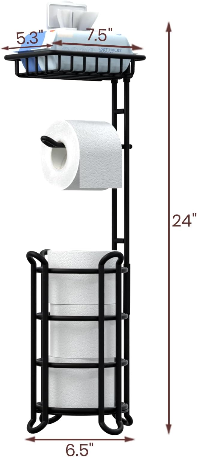 TreeLen Toilet Paper Holder Stand Tissue Paper Roll Dispenser with Shelf for Bathroom Storage Holds Reserve Mega Rolls-Matte Black