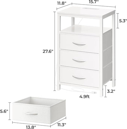 Huuger Nightstand with Charging Station, 27.6 Inch Side Table with Drawers, PU Leather Finish, End Table Bedside Table with USB Ports and Outlets, Night Stand for Bedroom, White