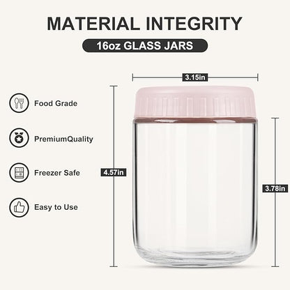 SHOWIN Overnight Oats Containers with Lids, 16oz Glass Jars with Lids 8 pcs, Pink, Wide Mouth Mason jars for Salad, Yogurt, Snacks, Meal Prep