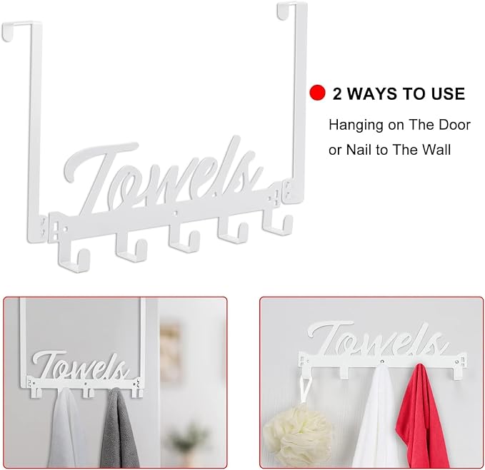 Azmoncy 2 Pack Over The Door Hooks, Towel Rack for Bathroom Towel Holder for Hanging Heavy Duty, Over Door Hanger with 10 Coat Hooks for Bedroom Bathroom Kitchen Bag, Coats, Hats (White)