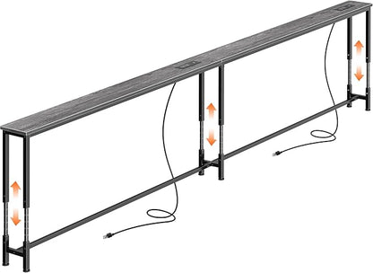 Huuger 110.2 Inch Sofa Table with Power Outlets, 23.9’’-34.4’’ Height Adjustable Range, Behind Couch Table with USB-C Ports, Sofa Tables Narrow Long, Skinny Console Table, for Small Spaces, Grey