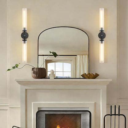 30" 2 Lights Hardwired Frosted Glass Bathroom Wall Sconces, Handmade Knurled Black Wall Light Fixture,Modern Vanity Light for Living Room,Hallway, Bedroom, Indoor Wall Lamp, Bulb Included
