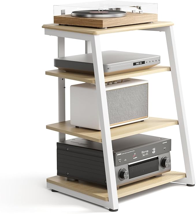 FITUEYES 4-Tier AV Media Stand Corner Shelf Stand Wooden Corner Shelves Component Cabinet Stereo Rack Audio Tower with Height Adjustable Wooden Shelves for ps4 (White Oak)