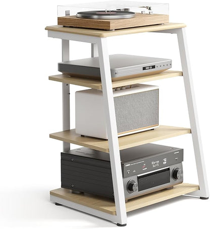FITUEYES 4-Tier AV Media Stand Corner Shelf Stand Wooden Corner Shelves Component Cabinet Stereo Rack Audio Tower with Height Adjustable Wooden Shelves for ps4 (White Oak)